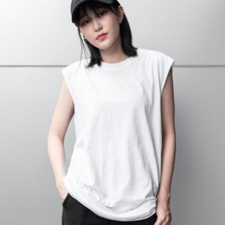Female model with Oversized Tank Top White T-shirt.