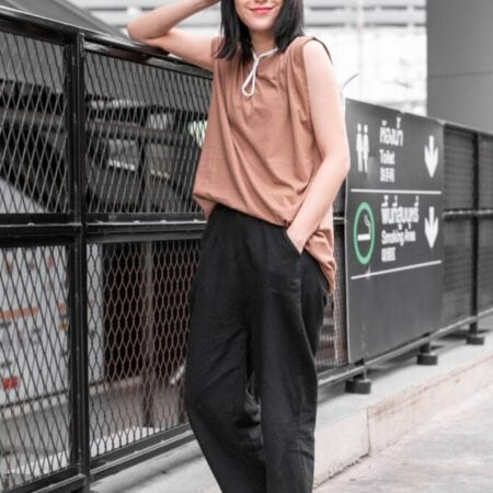 Female model with Oversized Tank Top Light Chocolate T-shirt.