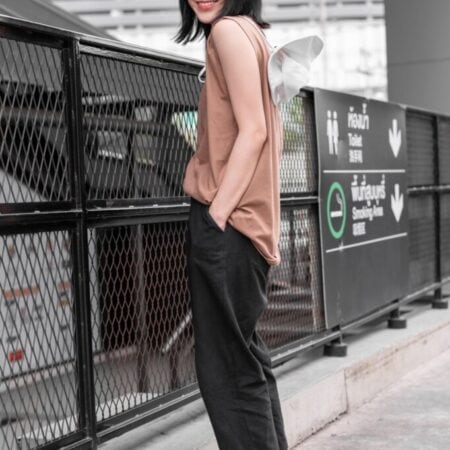 Female model with Oversized Tank Top Light Chocolate T-shirt.