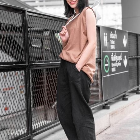 Female model with Oversized Tank Top Light Chocolate T-shirt.