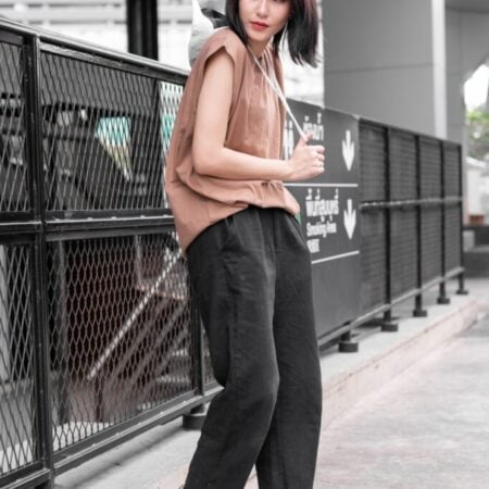 Female model with Oversized Tank Top Light Chocolate T-shirt.