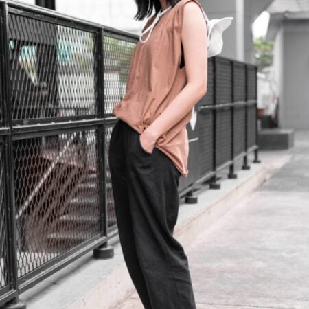 Female model with Oversized Tank Top Light Chocolate T-shirt.
