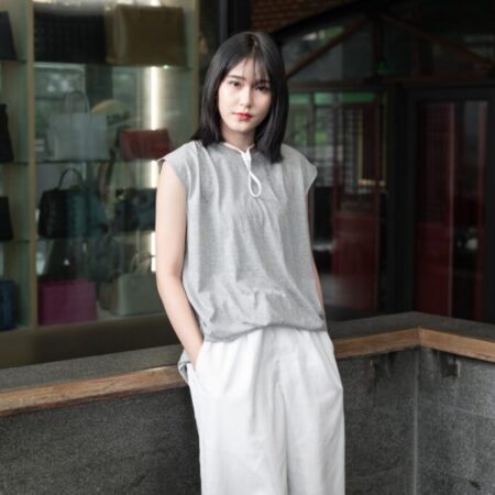 Female model with Oversized Tank Top Grey Top Dye T-shirt.