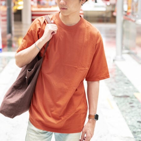 Men model with Oversized Brick Orange T-shirt.