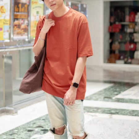 Men model with Oversized Brick Orange T-shirt.