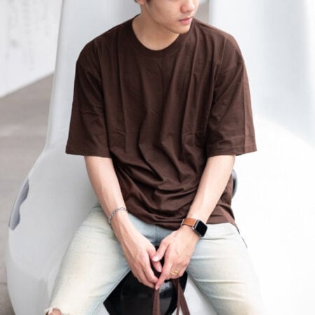 Men model with Oversized Dark Chocolate T-shirt.