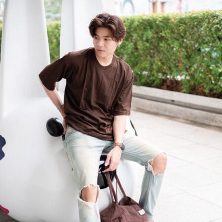 Men model with Oversized Dark Chocolate T-shirt.