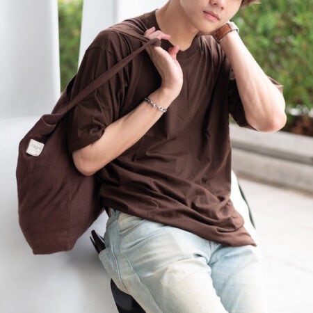 Men model with Oversized Dark Chocolate T-shirt.