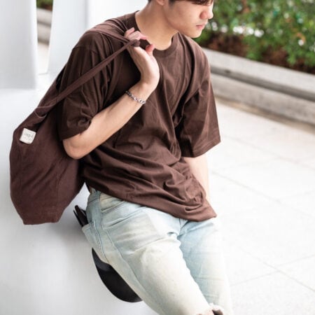 Men model with Oversized Dark Chocolate T-shirt.