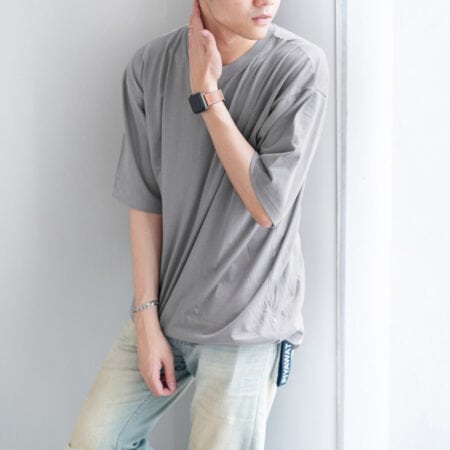 Men model with Oversized Grey T-shirt.